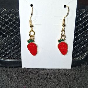 Strawberry Charm Dangle Earrings - Red & Green